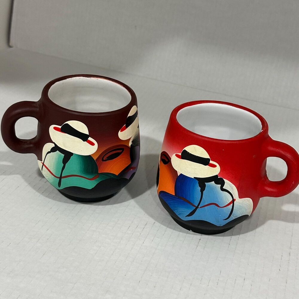 Pair of South American Folk Art Pottery Mugs - Handmade and Hand Painted